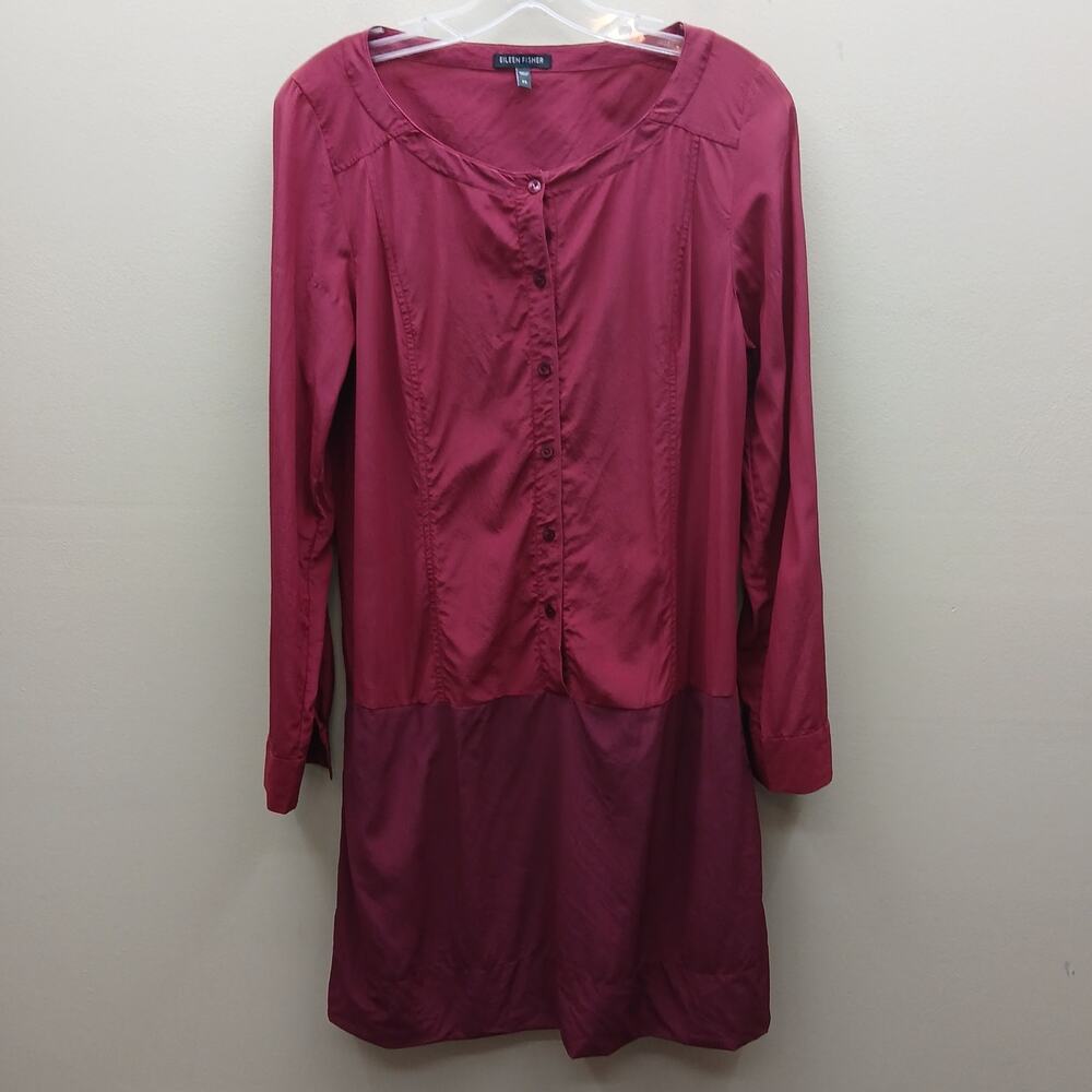 Eileen Fisher 100% Silk Colorblock Tunic Shirt Dress Minimalist  Burgundy SZ XS